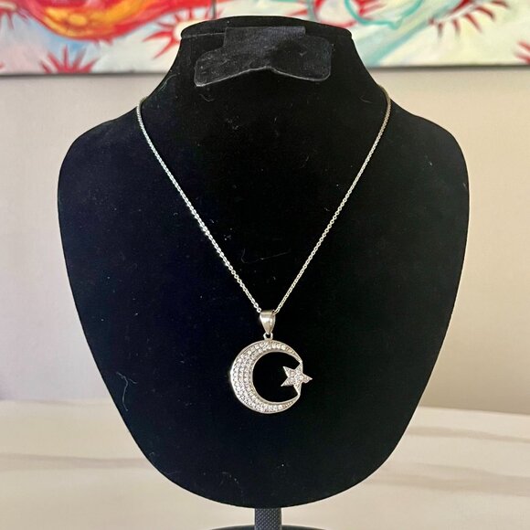 Jewelry - Sterling Silver Crescent Moon & Star Necklace + Box